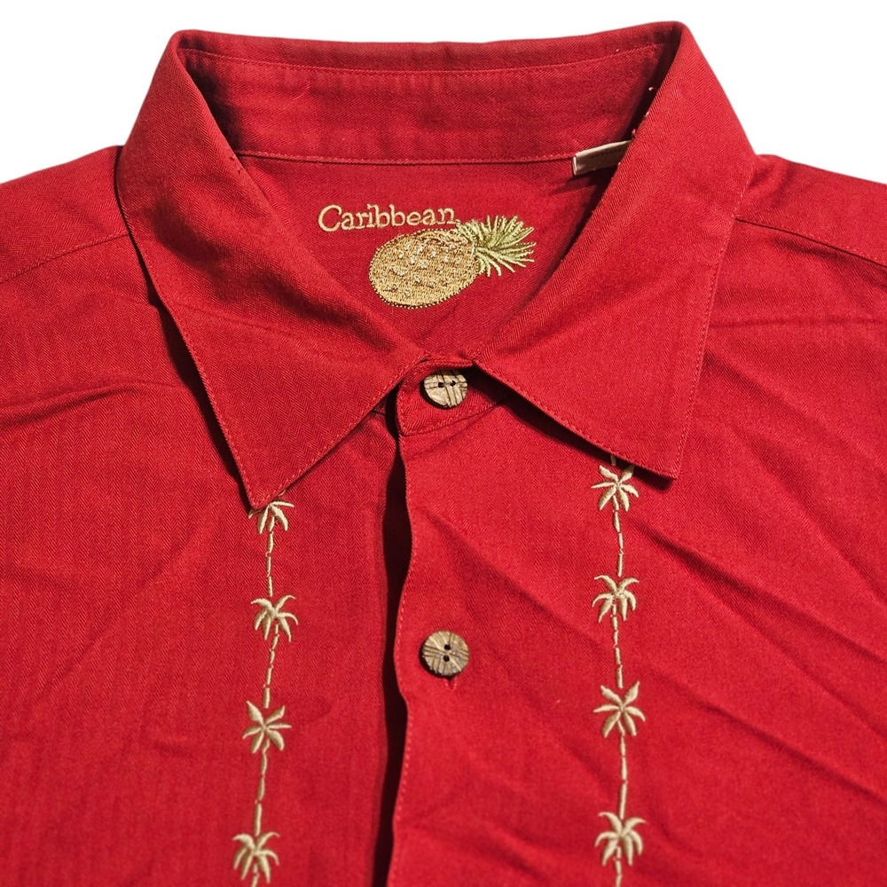 Caribbean Hawaiian Shirt Embroidered Palm Trees Vacation Button‎ Up XL Red